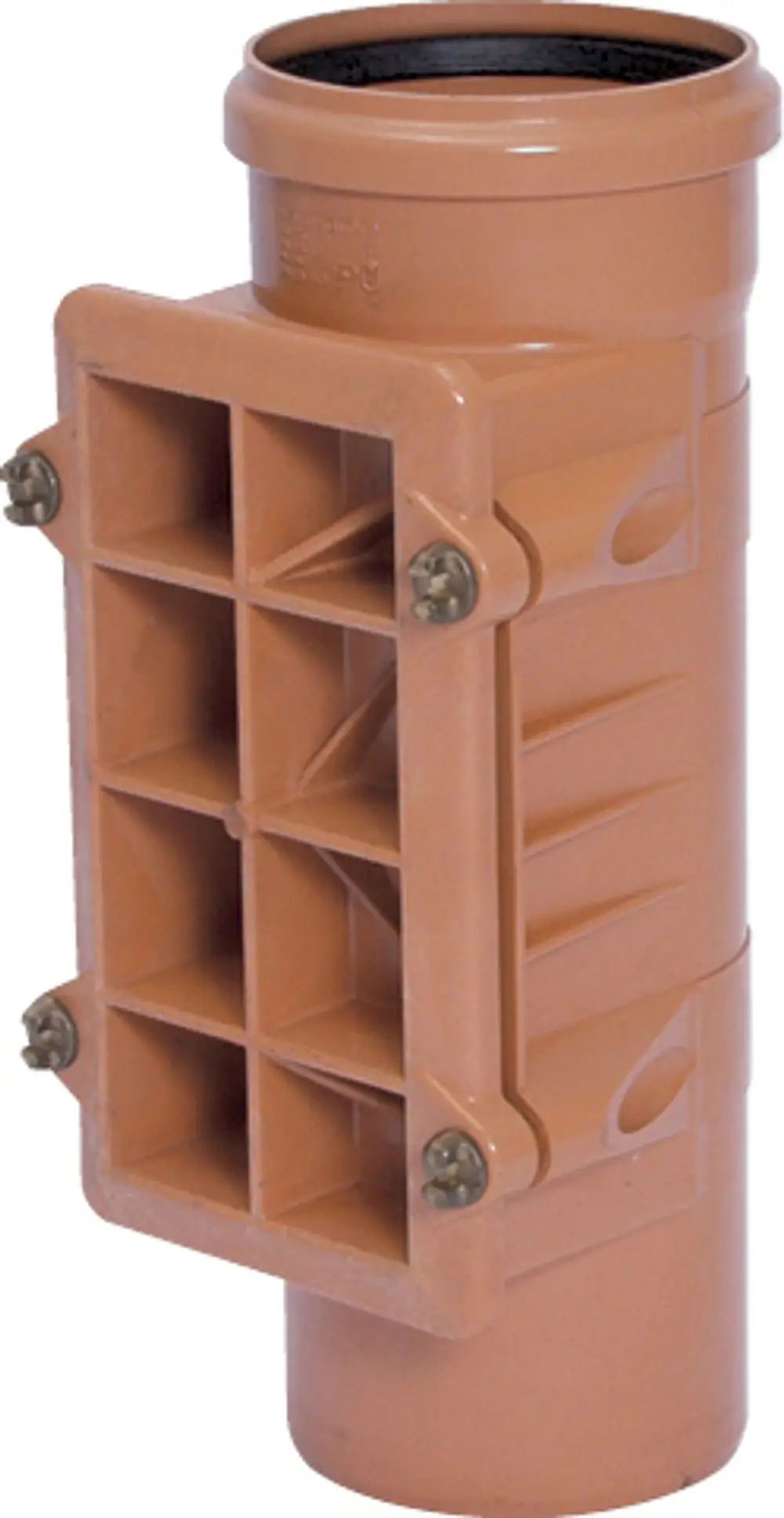 Bolzen für ein KG Reinigungsrohr, gefertigt von Wavin. Das Produkt zeigt eine quadratische Form mit mehreren Öffnungen und ist zum Anschluss von Rohren geeignet.